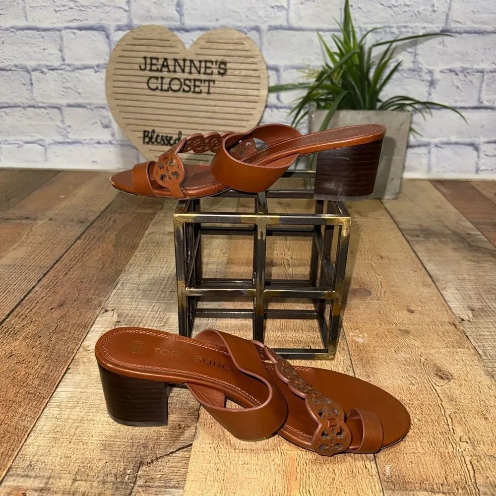 Tory Burch Tiny Miller Toe Ring High Block Sandals size 9 brown leather